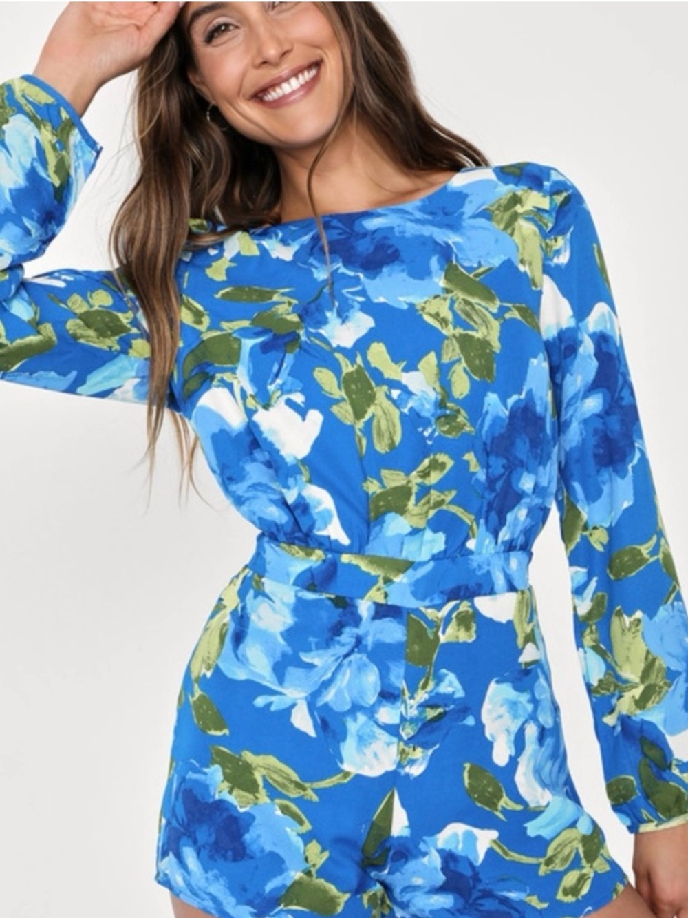 Blue Floral Long-Sleeve Romper Dress - Women's small, Lulus NWOT